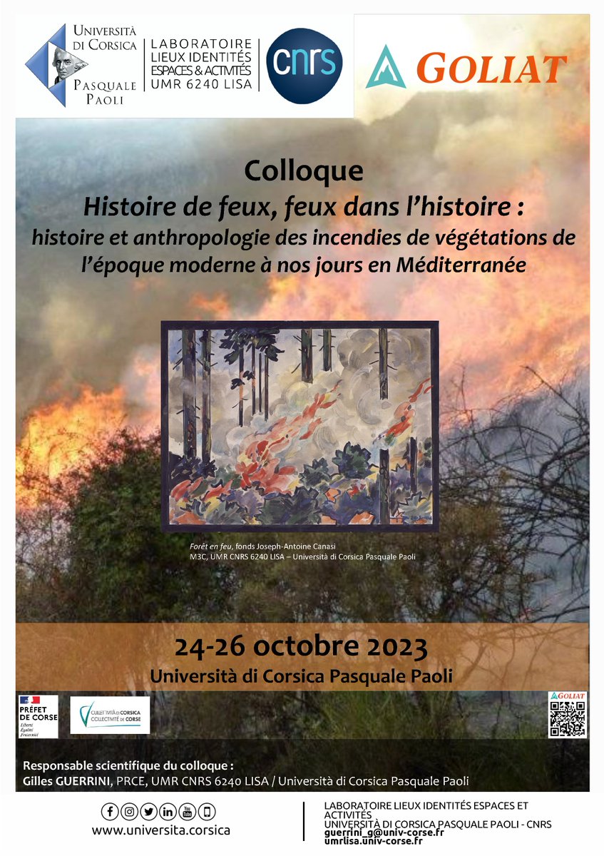 umrlisa's tweet photo. 📣Appel à contribution

Histoire de feux, feux dans l’histoire.

Appel à communication pour un colloque organisé dans le cadre du projet GOLIAT porté conjointement par les UMR SPE et LISA de l’Université de Corse. 

↪️ https://t.co/ToYn2FEM46

#umrlisa #univcorse #dr12_cnrs https://t.co/Cit9KlDOZr