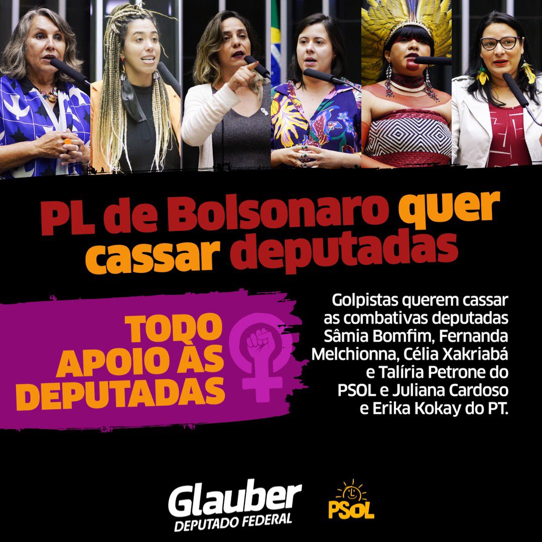 Glauber_Braga's tweet photo. PL, partido golpista de Bolsonaro, quer cassar as deputadas Sâmia Bomfim, Fernanda Melchionna, Célia Xakriabá e Talíria Petrone do PSOL e Juliana Cardoso e Erika Kokay do PT.
Todo o nosso apoio às combativas deputadas, não à cassação! 

https://t.co/3J5YGqC6jR

#Equipe https://t.co/YOkwl1xIrU