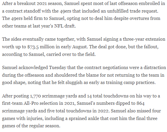 4thQtrFanatics's tweet photo. Debo Samuel is looking to take the league by storm in 2023. After a disappointing performance in 2022 he is determined to get back to the stage he was at in 2021 season. #NFL #SanFrancisco49ers #DeboSamuel https://t.co/JYnQyCMDmI