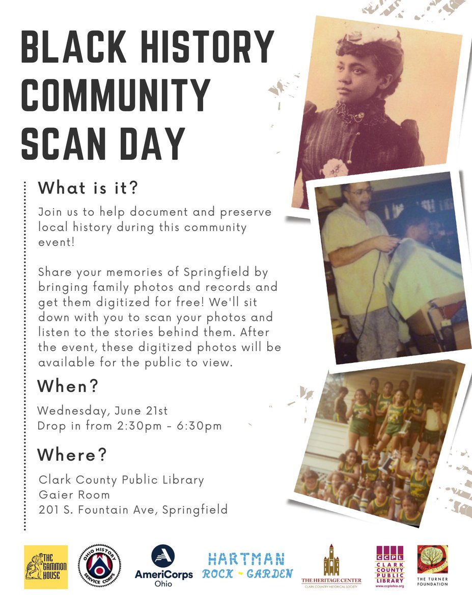Preserve local history! Bring family photos, stories, &amp; more to <a href="/ClarkLibraryOH/">Clark Library OH</a> on 6/21 2:30-6:30pm to have items scanned during Black History Community Scan Day! These will be available publicly to tell more stories in our community! <a href="/OhioHumanities/">Ohio Humanities</a> <a href="/OhioHistory/">Ohio History Connection</a> <a href="/gammonhouse1850/">Danyale Duncan</a>