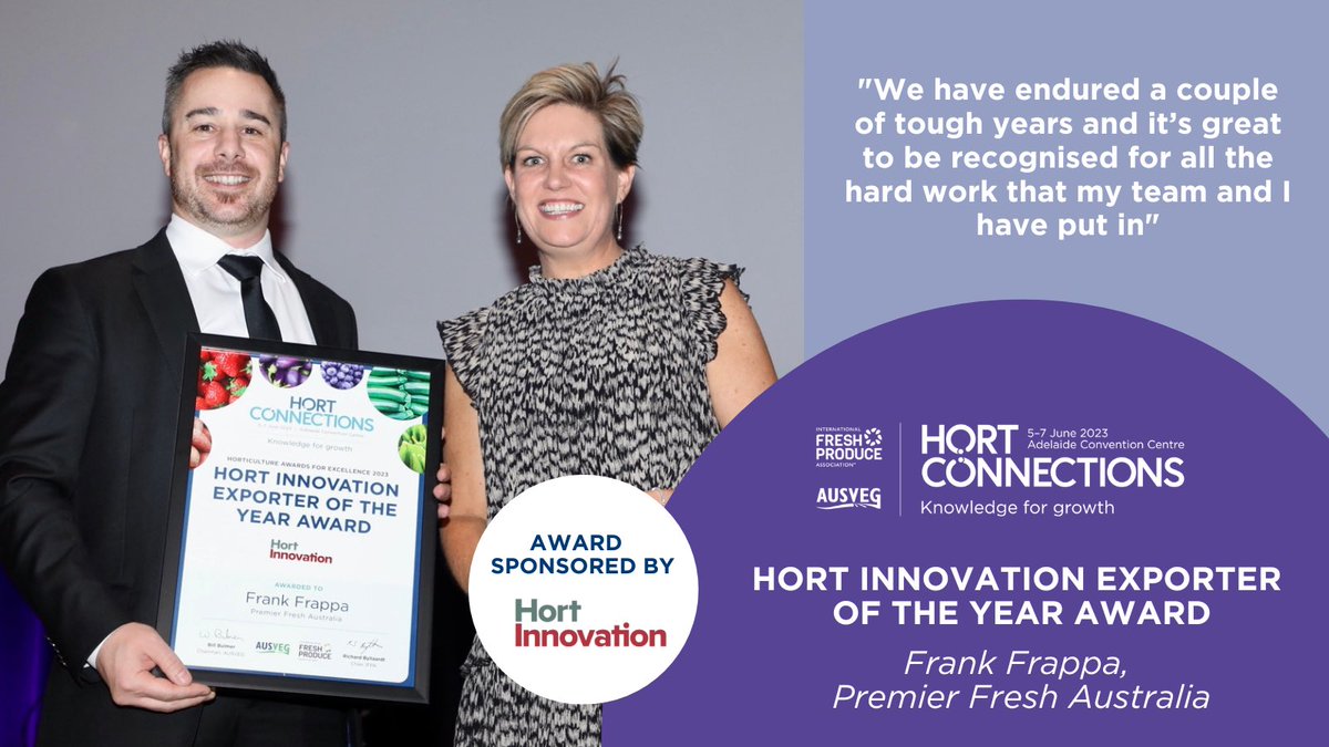 📣 Horticulture Awards for Excellence 2023 🏆 Congratulations to Frank Frappa of Premier Fresh Australia, winner of the 2023 Hort Innovation Exporter of the Year Award! Frank, thank you for the valuable contributions that you and your team have made to our industry. #HortCon23