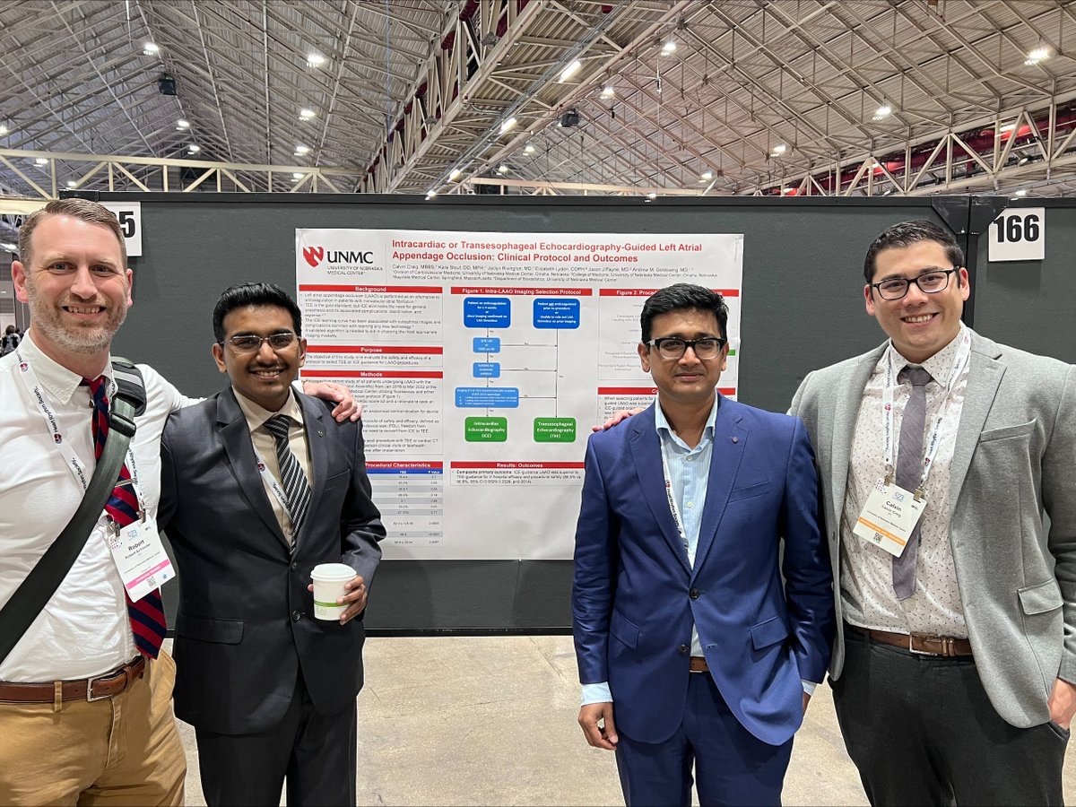 CVMedUNMC (@cvunmc) on Twitter photo Our fellow, Dr. Calvin Craig, presented a poster on “ICE or TEE Guided LAAO: Clinicla Protocol and Outcomes” at <a href="/HRSonline/">Heart Rhythm Society</a>
#hrs2023
<a href="/ShaneTsaiMD/">Shane Tsai</a> <a href="/Pooh_Velagapudi/">Poonam Velagapudi</a> <a href="/asimshabbir54/">Asim Shabbir, MD</a> <a href="/MansiOberoi7/">Mansi Oberoi</a> <a href="/Kristen_BrownMD/">Kristen N. Brown, MD🫀</a> <a href="/unmc/">University of Nebraska Medical Center</a> <a href="/UNMC_IM/">UNMC Department of Internal Medicine</a> <a href="/DaHuskers/">Daniel R. Anderson</a> <a href="/swlundgren/">Scott Lundgren</a> Our fellow, Dr. Calvin Craig, presented a poster on “ICE or TEE Guided LAAO: Clinicla Protocol and Outcomes” at <a href="/HRSonline/">Heart Rhythm Society</a>
#hrs2023
<a href="/ShaneTsaiMD/">Shane Tsai</a> <a href="/Pooh_Velagapudi/">Poonam Velagapudi</a> <a href="/asimshabbir54/">Asim Shabbir, MD</a> <a href="/MansiOberoi7/">Mansi Oberoi</a> <a href="/Kristen_BrownMD/">Kristen N. Brown, MD🫀</a> <a href="/unmc/">University of Nebraska Medical Center</a> <a href="/UNMC_IM/">UNMC Department of Internal Medicine</a> <a href="/DaHuskers/">Daniel R. Anderson</a> <a href="/swlundgren/">Scott Lundgren</a>