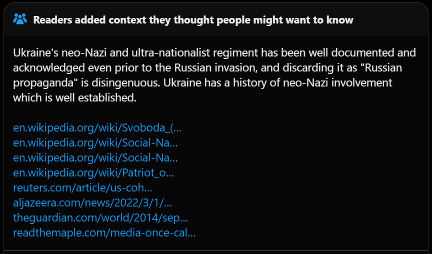 Voxkomm's tweet photo. Twitter fact-checkers blasted NYT on the Kiev army's Nazi symbolism:"🇺🇦's neo-Nazi...regiment has been well documented and acknowledged even prior to the🇷🇺invasion,and discarding it as"🇷🇺propaganda" is disingenuous.🇺🇦has a history of neo-Nazi involvement which is well established https://t.co/zkR7JE4hqg