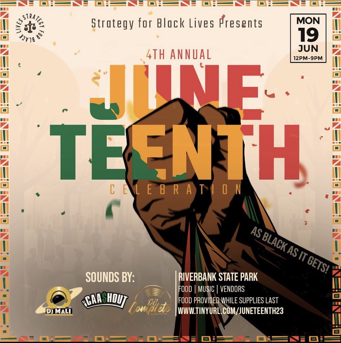 ItsAStrategy's tweet photo. We hope you’ll join us in Riverbank State Park to for our fourth annual Juneteenth celebration! 

https://t.co/Fir168m3gi https://t.co/AgwKszcRIm