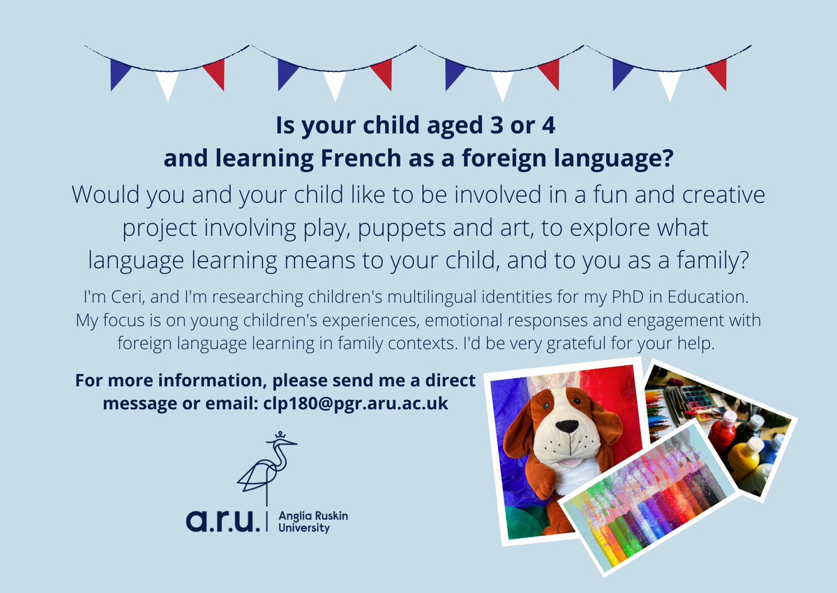Do get in touch for more information if you live in the UK and you'd like to participate. And please retweet!
<a href="/AngliaRuskin/">ARU</a> <a href="/ecrgARU/">Paulette</a> <a href="/__BAAL/">BAAL: British Association for Applied Linguistics</a>  <a href="/ALL4language/">ALL Languages</a> <a href="/MChildhoods/">Multilingual Childhoods</a> <a href="/BilingMatters/">Bilingualism Matters</a> <a href="/ECSDNetwork/">Early Childhood Studies Degrees Network #ECSDN</a>