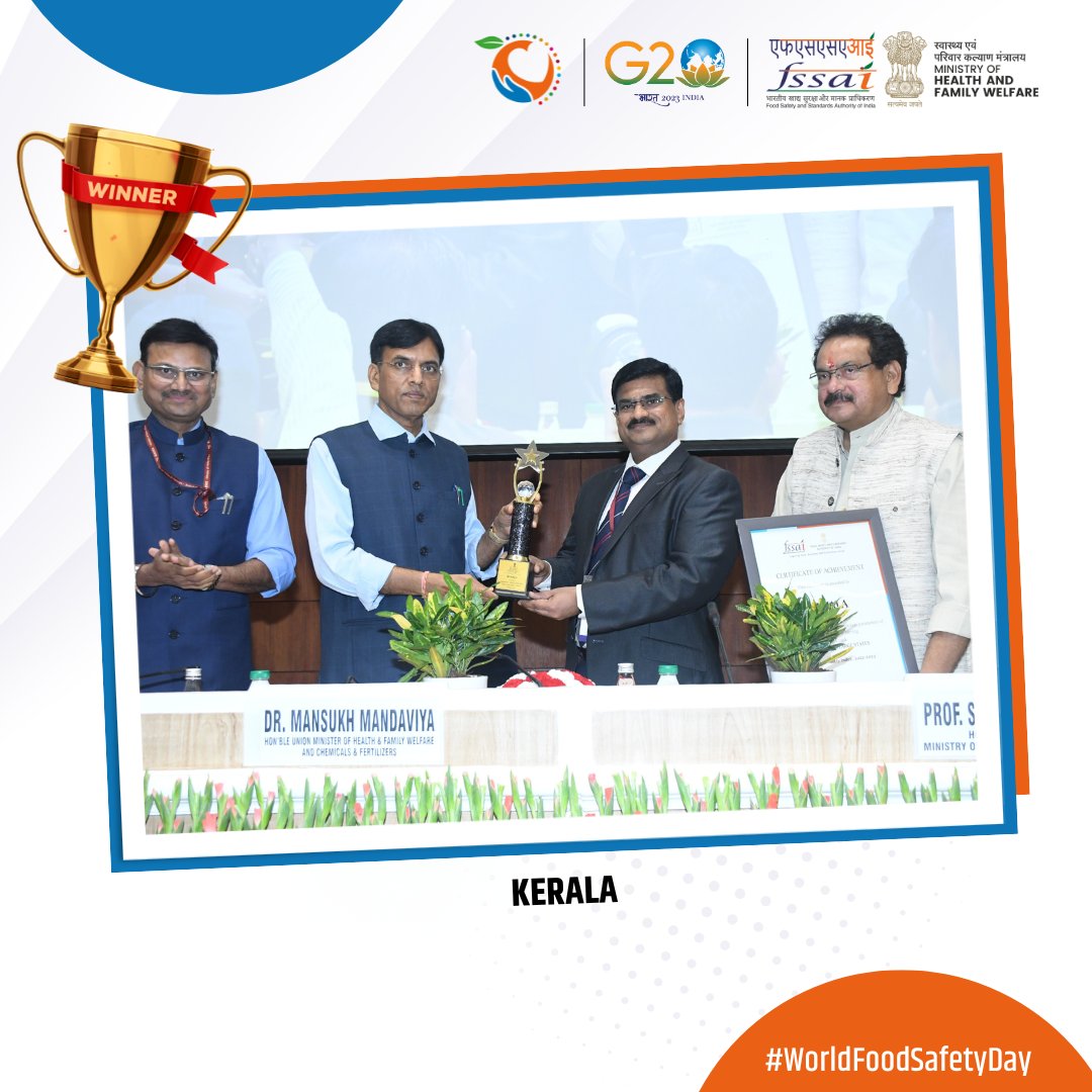 fssaiindia's tweet photo. Dr. @mansukhmandviya and Hon'ble Union Health MoS Prof. @spsinghbaghelpr unveiled the 5th State Food Safety Index -2023 (SFSI) by FSSAI. The winners in the Large State category were Kerala, Punjab, and Tamil Nadu. (1/3) https://t.co/9iaV0ereQQ