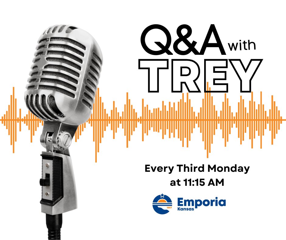 CityofEmporiaKS's tweet image. Do you have a question for the City Manager?
City Manager, Trey Cocking will be on KVOE  every third Monday of the month, beginning on June 19, 2023, at 11:05 AM to answer community questions. Email your questions to emporiainfo@emporiaks.gov.
#emporiaks