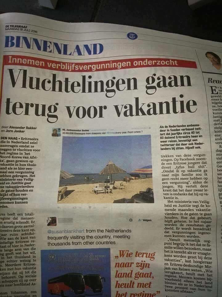 Martje008321's tweet photo. Dit artikel uit de Telegraaf gaat momenteel viraal in Nederland. Laten we duidelijk zijn: Op vakantie gaan in het land waaruit je gevlucht bent 'omdat je er met de dood bedreigd wordt' is de boel belazeren en kan dus niet in ons land!!  Ze moeten meteen in hun land blijven! https://t.co/f6kty2kK0n