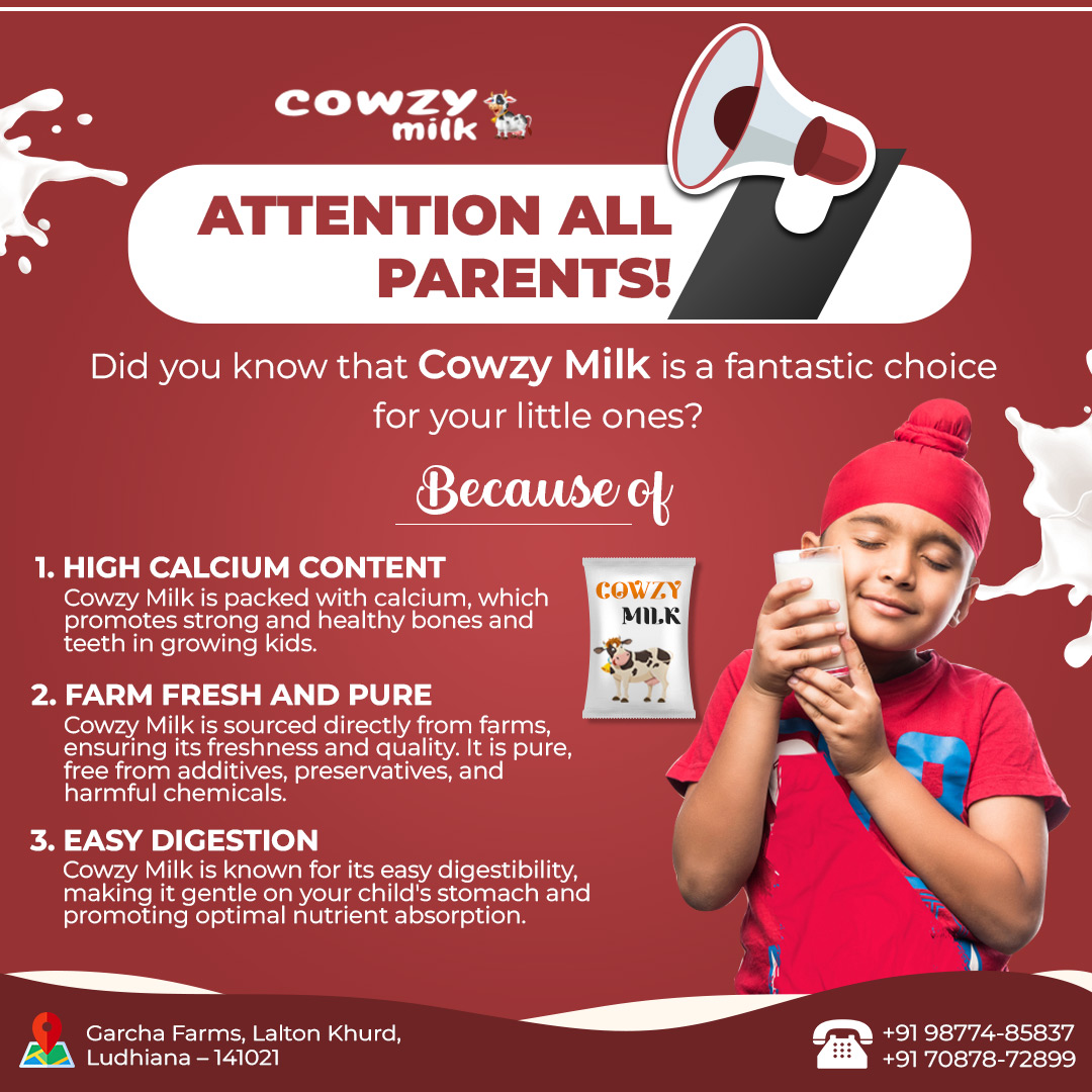 ATTENTION ALL PARENTS!
Did you know that Cowzy Milk is a fantastic choice for your little ones?
1. HIGH CALCIUM CONTEN
2. FARM FRESH AND PURE
3. EASY DIGESTION

#fantasticchoice #highcalcium #farmfresh #puremilk #easydigestion #normalmilk #excesscream #milkpowders #presenceofmilk