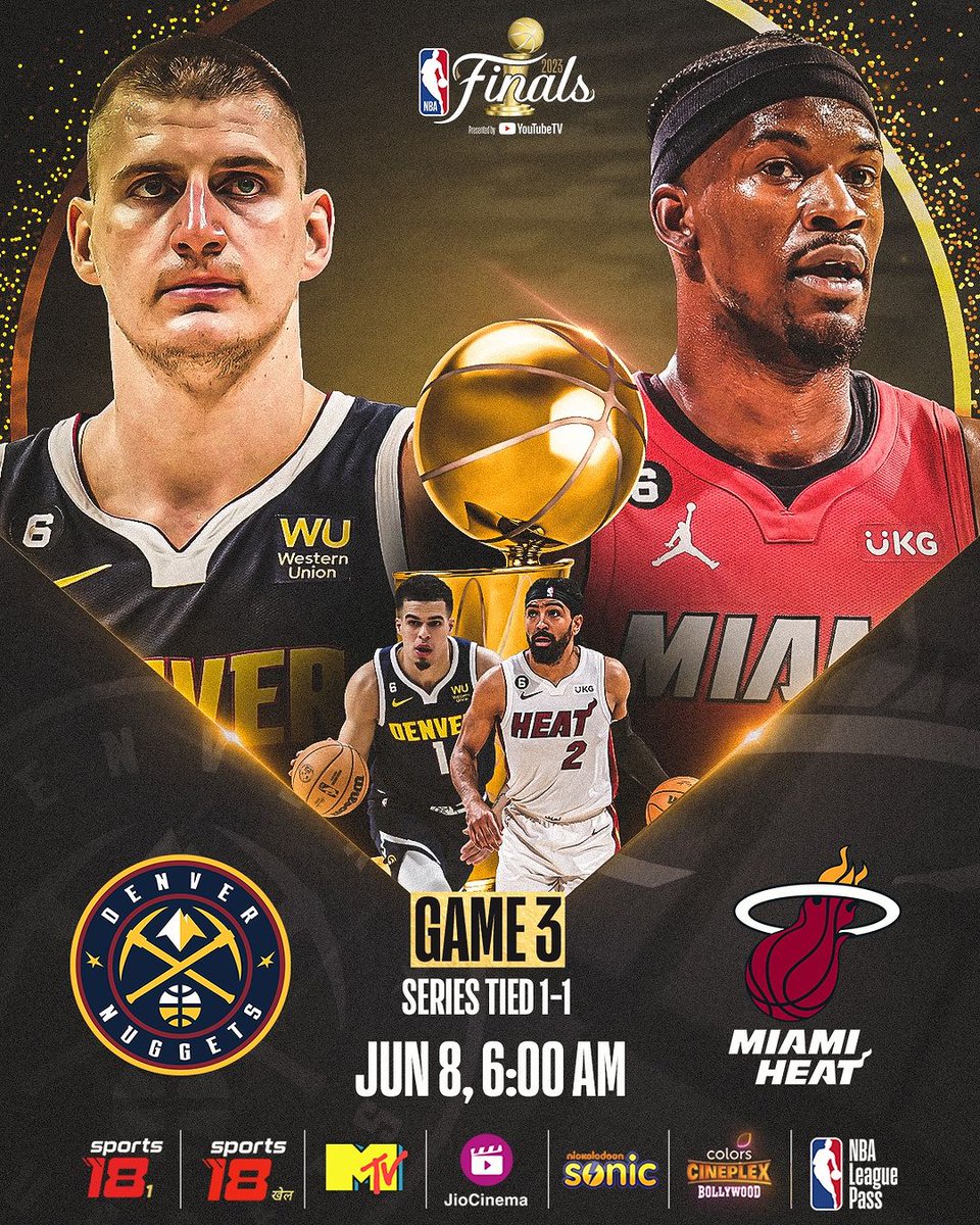 MTVIndia's tweet image. 🔥 Game 3 Showdown🔥
Miami Heat vs. Denver Nuggets! 🏀⛹🏽
NBA Finals ki battle hogi ab aur bhi intense as one of the two will get a lead in the 7-game series

Dekho NBA Finals 2023, Live on MTV, kal subah 6 baje,
Hindi mein!

#NBAonMTV #NBALive #NBALiveInIndia #NBAPlayoffs