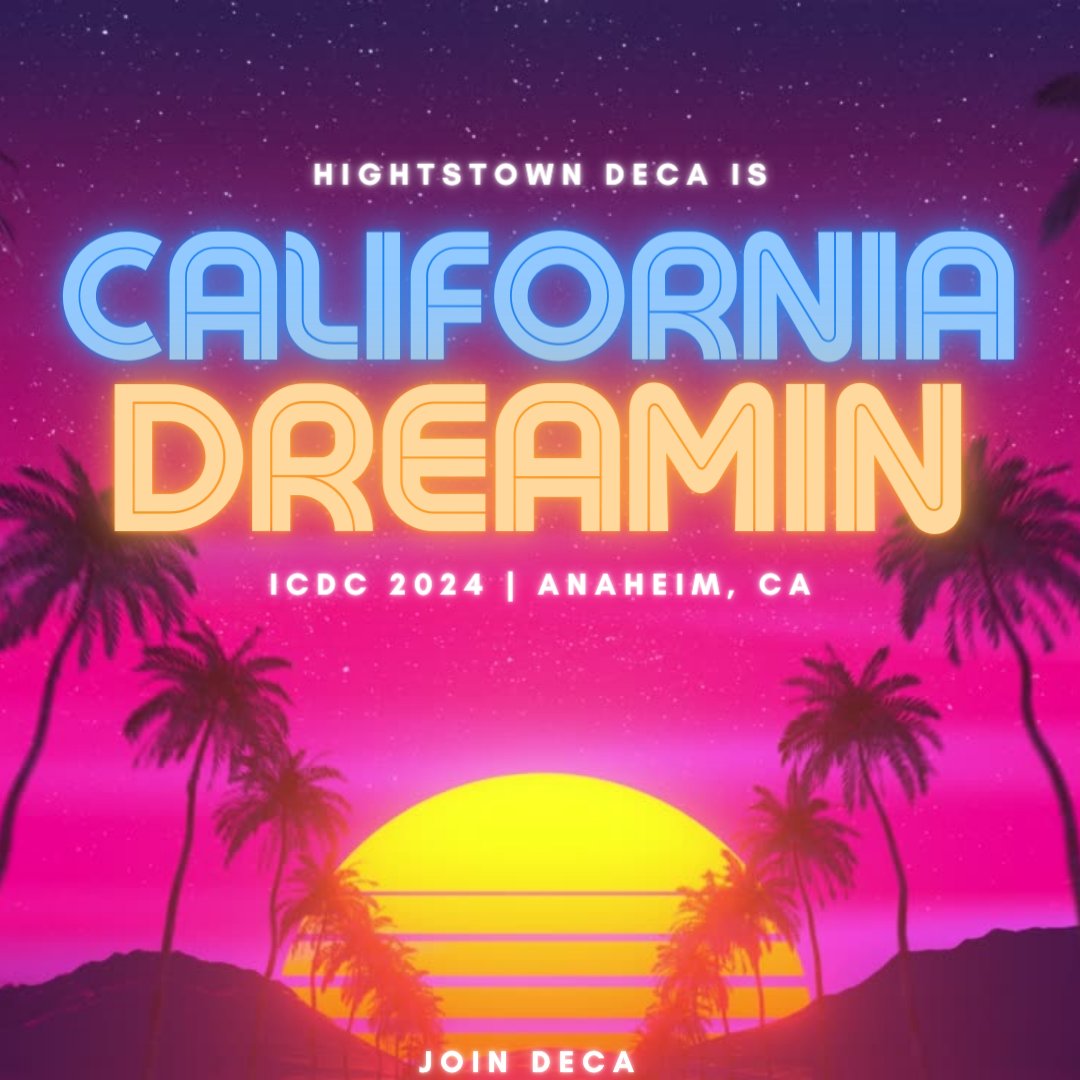 hhsramsdeca's tweet photo. In the 2023-2024 Competition Season (beginning in August for some events), the ultimate goal to get that DECA glass will end at ICDC in ANAHEIM, CA! 

We introduce the HHS DECA theme for the upcoming year: CALIFORNIA DREAMIN! We hope to see YOU in Disneyland! https://t.co/1tBRCv3Mw5