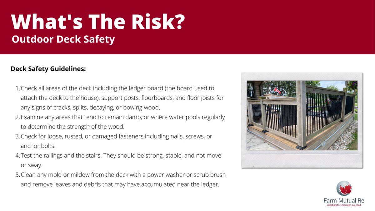 FarmMutualRe's tweet photo. #LossControlTip Homeowners should always have their deck inspected for stability and safety by a qualified deck builder or home inspector. Here are some guidelines you can follow to help ensure your deck is safe this summer! https://t.co/AtXSjOw9Zk