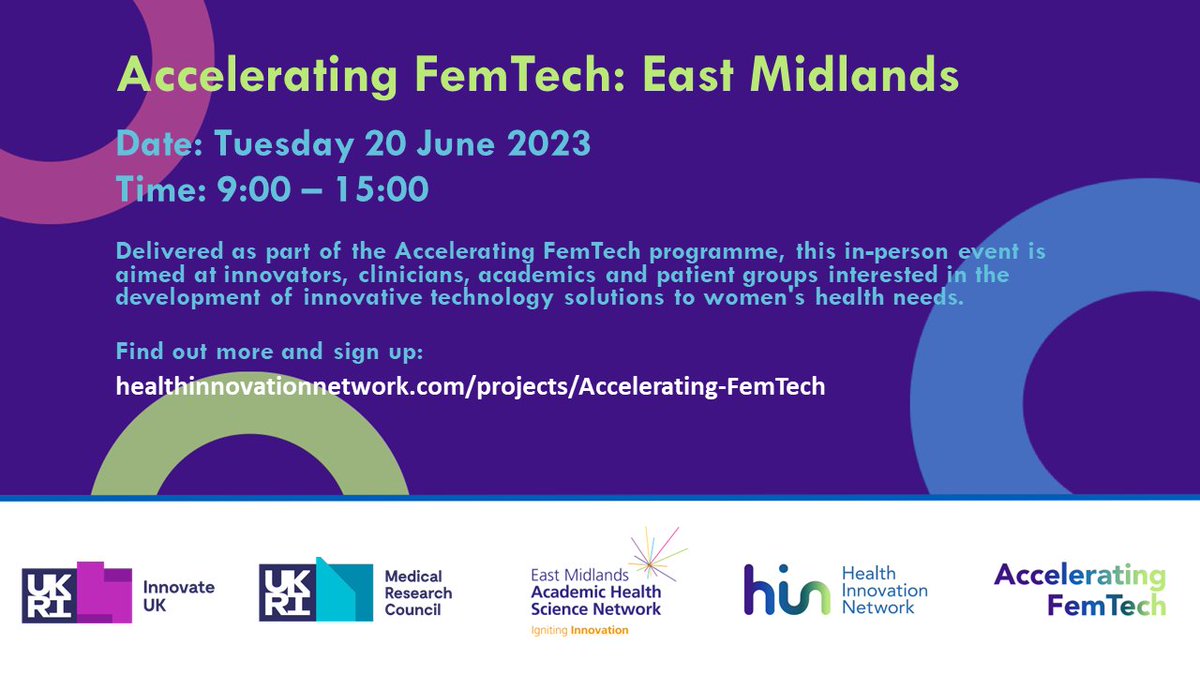 Healthinn_em's tweet photo. On Tuesday 20 June, join us at @CharnwoodCampus for our #AcceleratingFemTechEM event. Hear from a wide range of speakers on the growing opportunities for innovation in women’s health.

Register to attend: https://t.co/noAf0JgKPB

@DHealthLDN @HINSouthLondon @innovateuk #FemTech https://t.co/vluzj5RCJ8