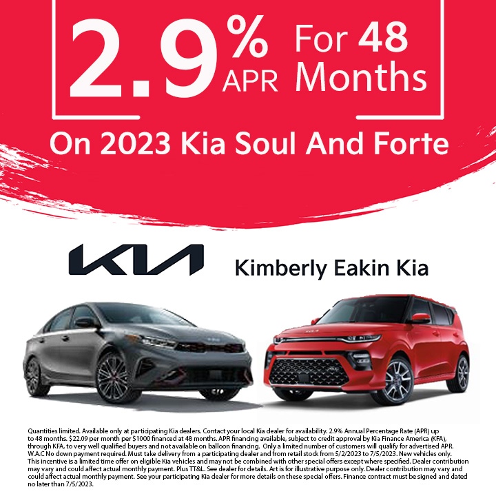 😎 Your summer just got AMAZING! 

For a limited time get LOW ☀️ 2.9% APR ☀️ 
financing for 48/mos. on new 2023 #Kia #Soul & #Forte! 

🖥️ Shop here: bit.ly/42sYr19
#KimberlyEakinKia #Lufkin #LufkinTX 
#NewRide #Kia #KiaMotors #RoadTripReady