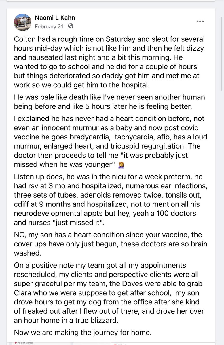 angelanashtn's tweet image. Coltons mother Naomi…

“I explained he has never had a heart condition before, not even an innocent heart murmur as a baby, and now post covid vaccine he goes bradycardia, tachycardia, afib, has a loud murmur, enlarged heart, &amp;amp; tricuspid regurgitation”

facebook.com/naomikahninsur…