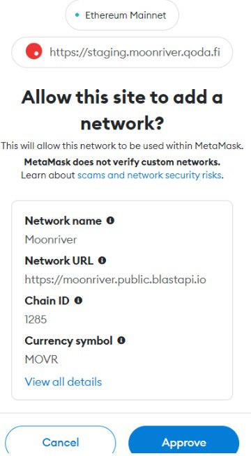 📍How to Bridge to #Moonriver Network:
 1. Navigate to the main page: moonriver.qoda.fi. Connect your Metamask wallet to the dApp. Moonriver network will be added automatically.