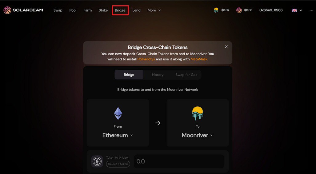 3. You can transfer (bridge) your tokens from other networks such as Ethereum or BSC and swap them on Solarbeam: app.solarbeam.io/bridge. Make sure to check the available assets and networks first.

4. Once you've got some MOVR tokens on Moonriver,  start using the Qoda Protocol!