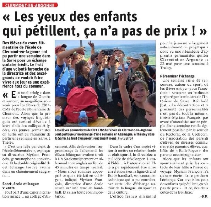Une semaine riche en expériences culturelles 🏐 et linguistiques 🇩🇪 pour les élèves de CM de l'école de Clermont en Argonne, à Theley, en Sarre. #experimentationbilingue55
<a href="/acnancymetz/">Académie de Nancy-Metz</a> <a href="/HassNolwenn/">Nolwenn Hass</a> <a href="/ofaj_dfjw/">🇫🇷 OFAJ_DFJW 🇩🇪</a> <a href="/DSDEN55/">DSDEN55</a> <a href="/ien_stenay/">IEN Stenay</a> <a href="/FranoisMyriam3/">François Myriam</a> <a href="/gerin_valerie/">Gérin Valérie</a>