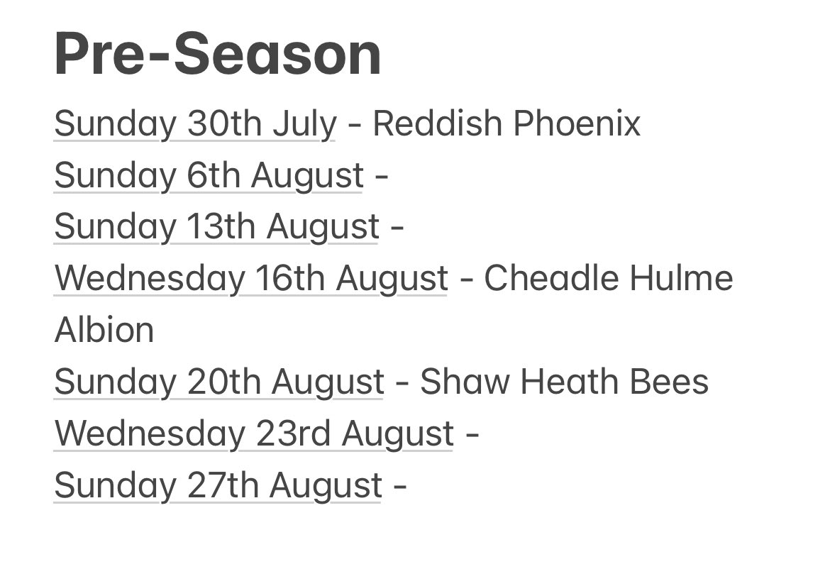 Updated Pre-Season Availability, still looking for friendlies across July and August. 

Drop us a DM if you’re interested.

<a href="/SDSFL1957/">SDSFL</a> <a href="/ChesmanSFL/">Cheshire & Manchester Sunday League</a> <a href="/EastCheshireSFL/">ECSFL</a>