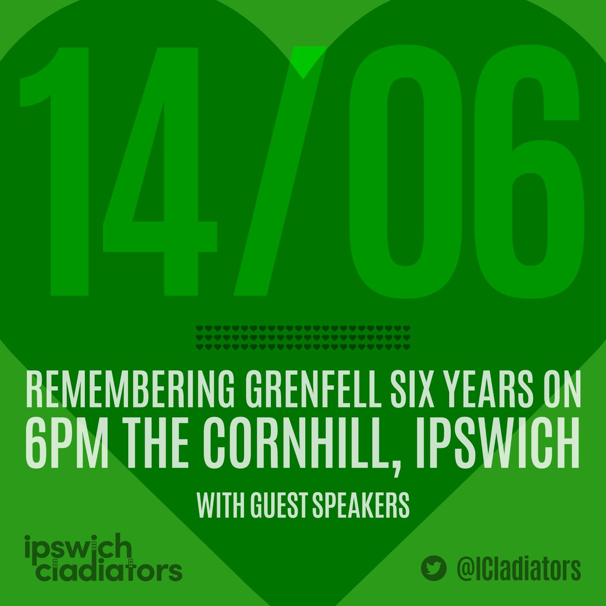 Next week we will be remembering the Grenfell tragedy 6 years on 💚 
Join us from 6pm on Wednesday 14th June at the Ipswich Cornhill. Thank you to our guest speakers for agreeing to mark this emotional occasion. #UnitedForGrenfell
