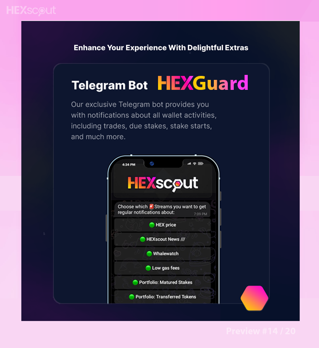 hexscout's tweet photo. TELEGRAM BOT ALERT 🚀 Elevate your crypto game with the innovative HEXGuard Bot from #HEXscout! Offering both protection 🔒 and infotainment for your portfolio, get real-time notifications about EVERY move in your wallet - trades, due stakes and so much more. Stay a step ahead with our exclusive #HEXGuard 📈💪