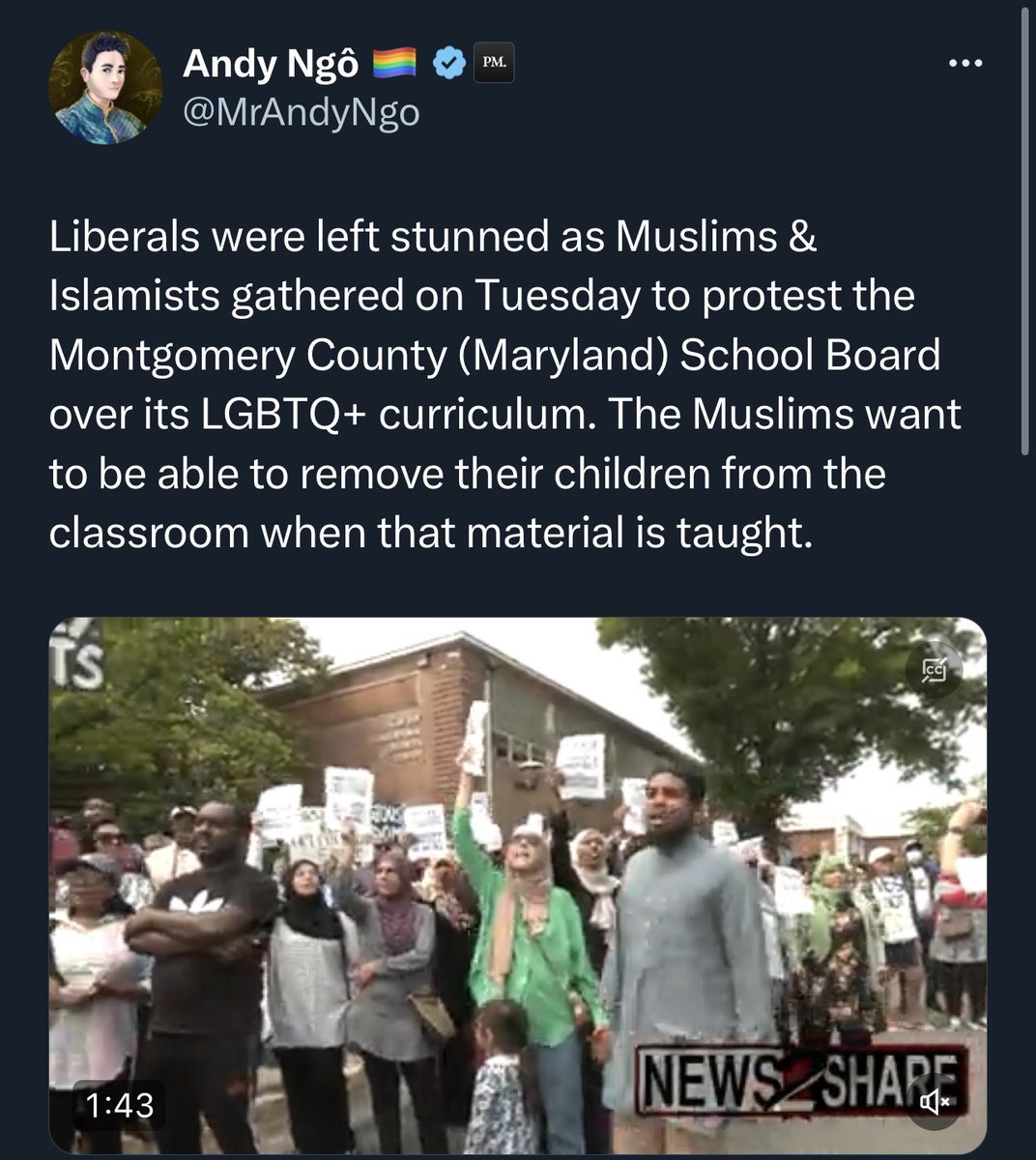 ChristinaPushaw's tweet photo. Two groups of parents protesting left-wing indoctrination of their children in deep blue jurisdictions. One predominantly Muslim, one predominantly Christian. They don’t demand public schools teach their religion, they only demand the right to raise their kids without their values being directly undermined in schools they pay taxes for. 

Pushing gender ideology in public schools is a blatant violation of religious liberty. Think of it this way:
The assertion that a child can be “born in the wrong body” isn’t empirical reality, it is a pseudo-religious belief of the progressive alphabet cult. It also contradicts the teachings of actual religions. It violates parents’ rights to raise their children in their faith tradition. 

Public schools must respect religious freedom and serve their communities, not teach progressive state “religion” nor inject ideology that is antithetical to the values of the communities they serve.