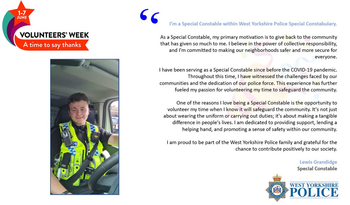 To finish this #nationalvolunteersweek off we have Special Constable Lewis Grandidge from 
@WYP_WDSpecials
 talking about his reason for joining the Special Constabulary. #supportandinspire #VolunteersWeek2023
@WYP_IFleming
@WYP_Specials
@WakefieldPolice
@WestYorksPolice