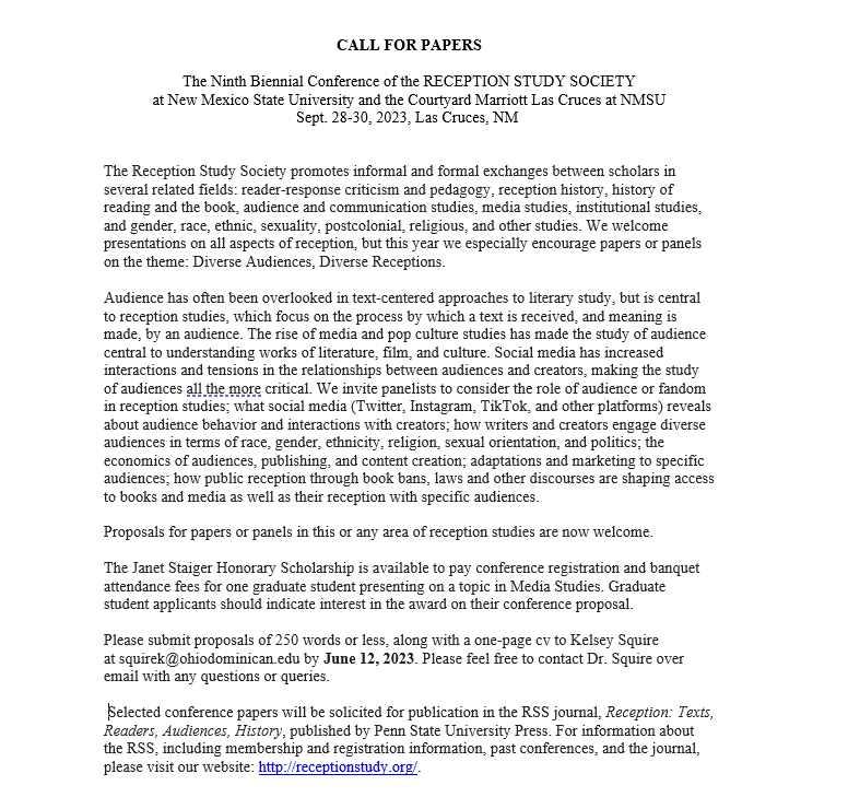 kelsey_squire's tweet photo. The Reception Study Society is hosting our 9th biennial conference at NMSU in September: abstracts are welcome until June 12! Alt text below. /1 https://t.co/USqGcQO4Xu