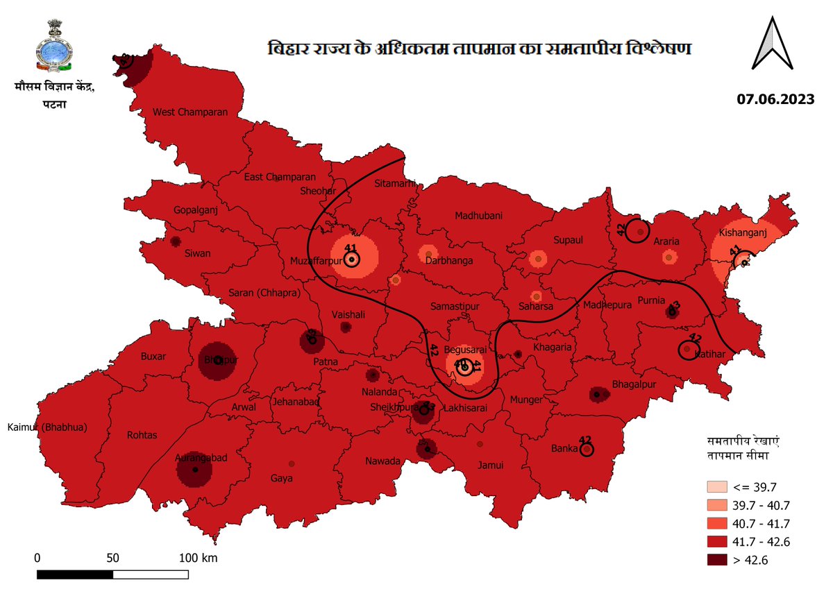 imd_patna's tweet image. बिहार राज्य के अधिकतम तापमान का समतापीय विश्लेषण