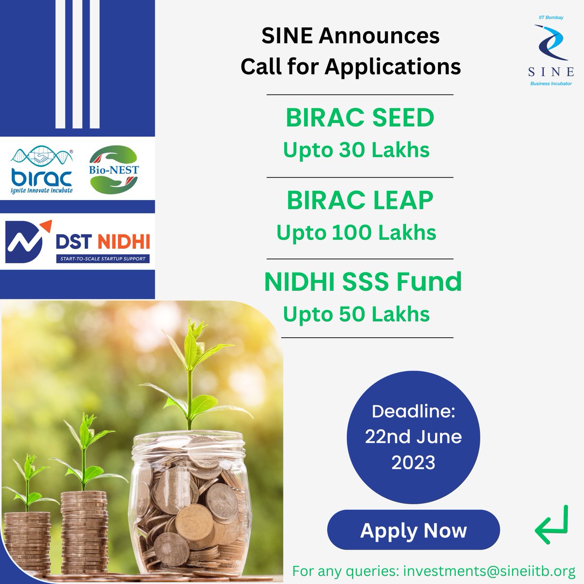 2] DST NIDHI SSS: Funding up to INR 50 lakhs

To Apply: form.jotform.com/220880967966474

Last date of application: 22nd June 2023 till 5:00 PM

#callforapplications #fundingsupport #grant #DSTNIDHI #BIRAC