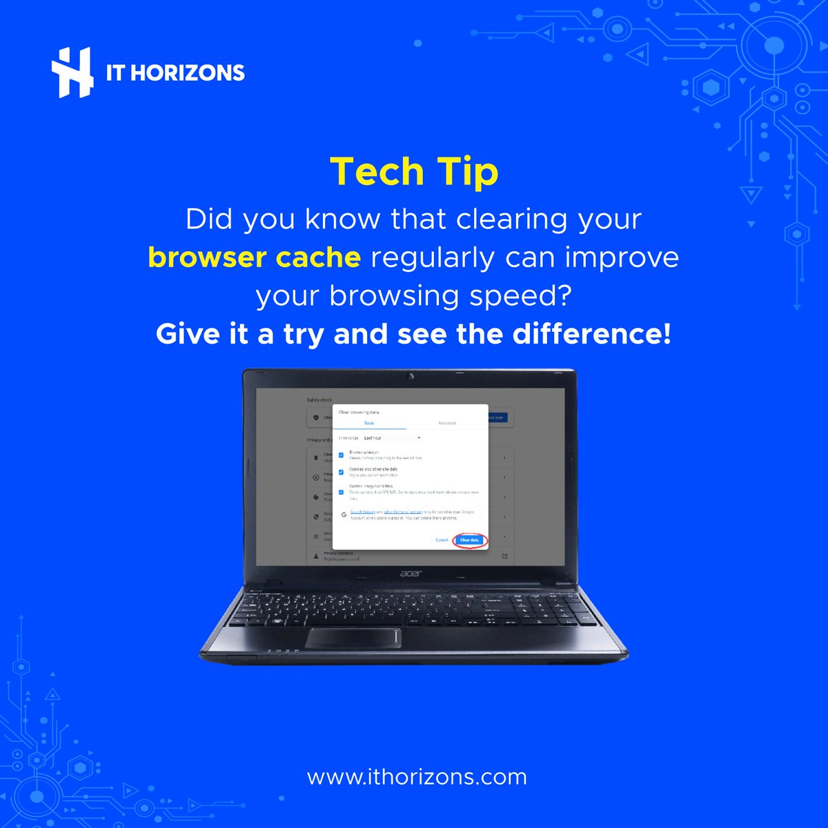 IT_Horizons's tweet image. Boost your browsing speed with this simple tech tip! Clear your browser cache regularly and experience faster loading times.

#ITHorizons #TechTip #BrowsingSpeed #InternetTips