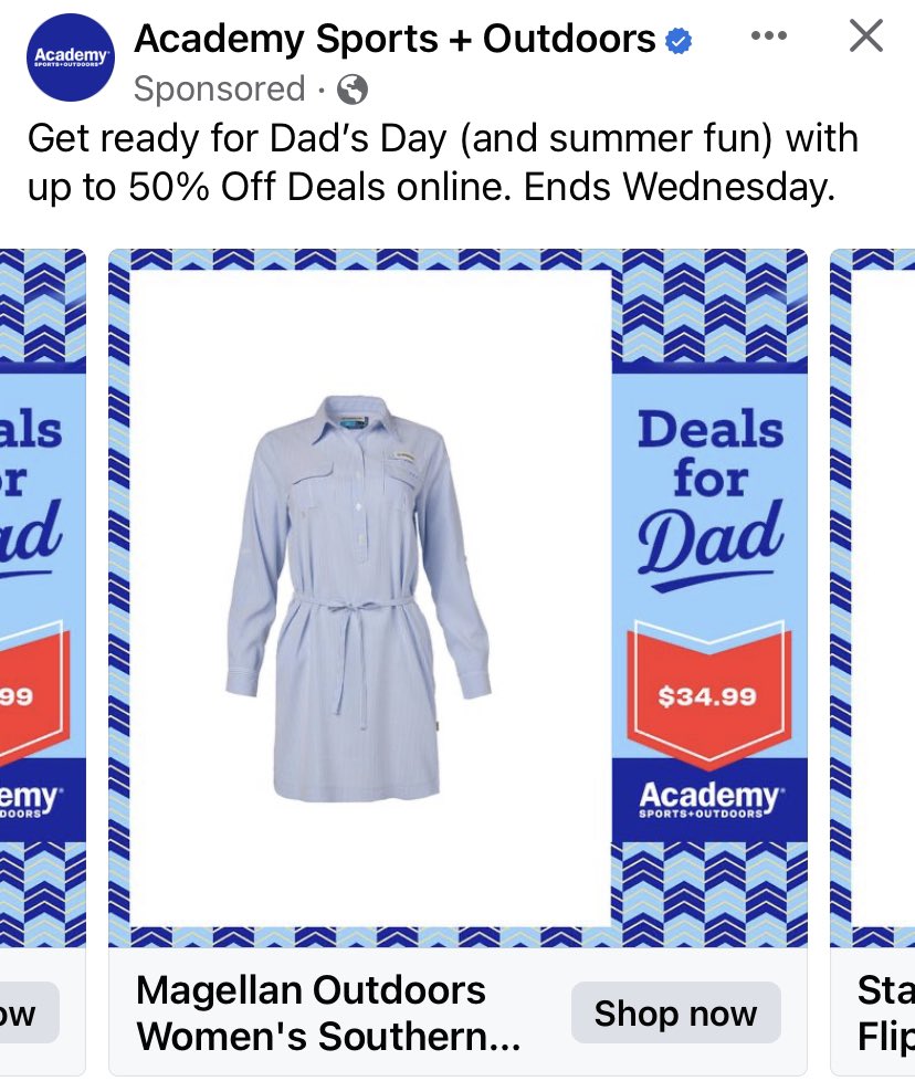 @Academy Better watch those targeted ads…your Deals for Dad Campaign is all ladies clothes on my feed 🤷🏼‍♀️ #Marketingfail Hubs wanted a smoker not a skort or collared dress.