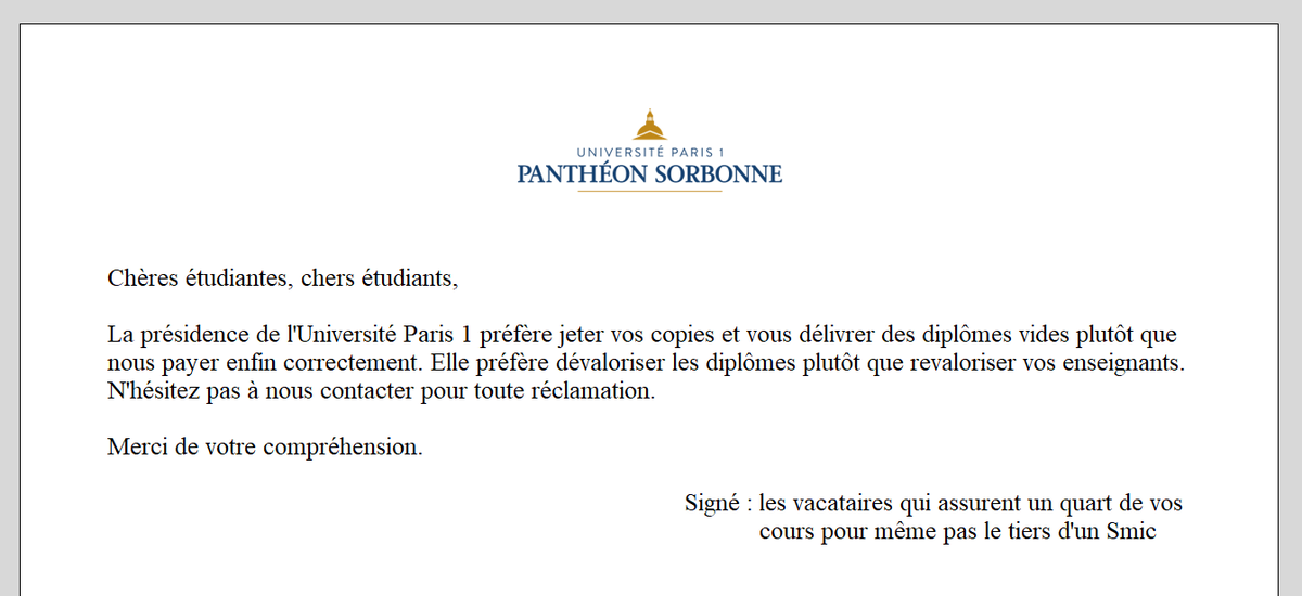 La pdce de @SorbonneParis1 tente de faire disparaître les matières dans lesquelles 5000 notes sont retenues par les précaires exploités. Ça ne résoudra rien. Dans certaines UFR,trop de notes manqueront pour les délibérations. Sinon,vous pouvez aussi nous payer. Ça marche mieux.