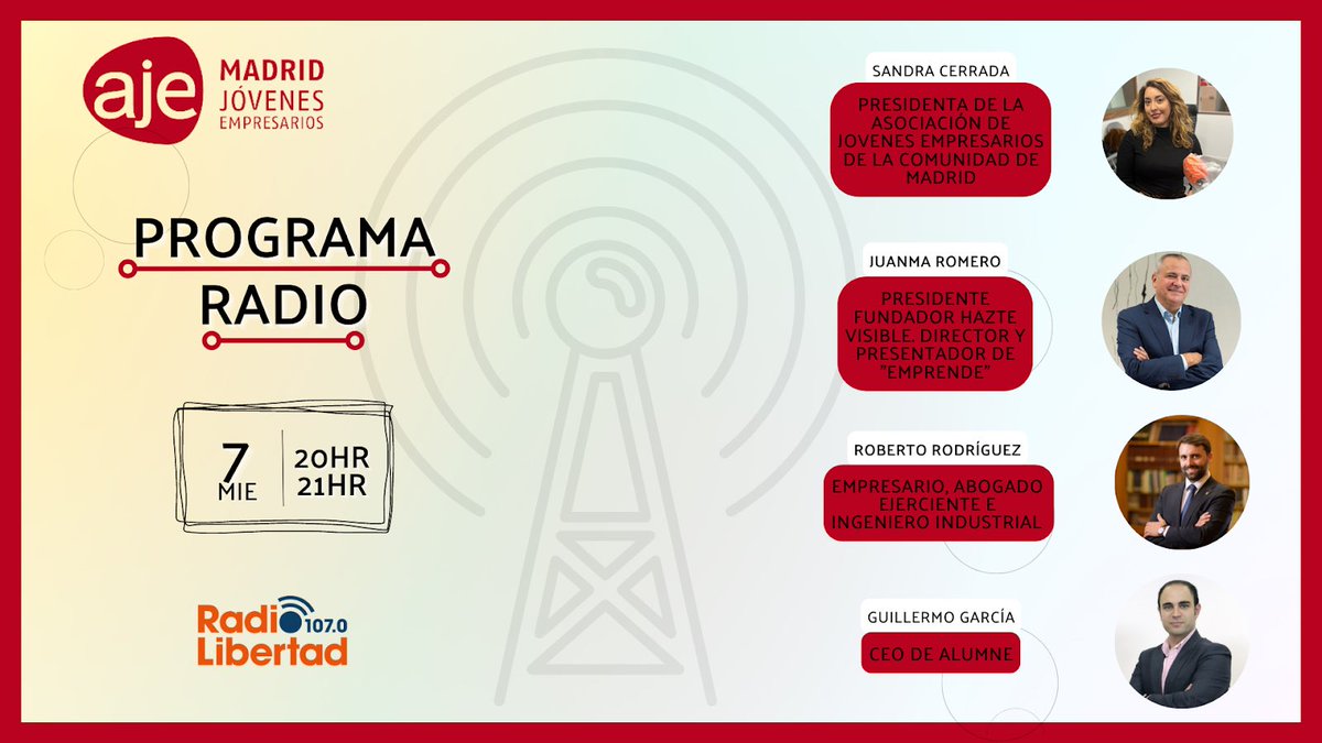 ajemadrid's tweet photo. 🎶 Hoy programazo de 20:00 a 21:00 horas.

🔴 Junto a @CerradaSandra, Pte. de #AJEMadrid tendremos una charla con:

🎙️ @jromero_tv, Presidente y Fundador de Hazte Visible. Director y presentador de "Emprende". https://t.co/3qJoXj2szo