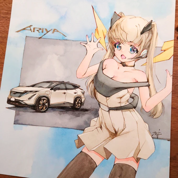 ARIYA B6 e-4ORCE、Jeep J55型と、その #車擬人化 を描かせていただきました。ご依頼ありがとうございました!