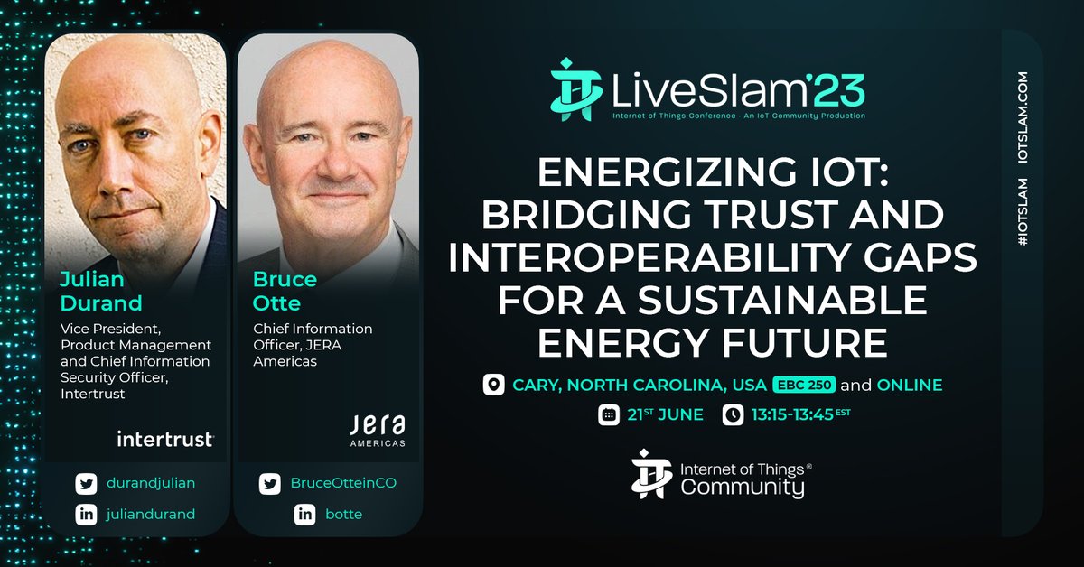 Two weeks to go to our IoT Slam Live 2023 Keynote: Energizing IoT: Bridging Trust & Interoperability Gaps for a Sustainable Energy Future, @DurandJulian @IntertrustTech & Bruce Otte JERA Americas
June 21 @SASsoftware HQ Cary, NC
iotslam.com/session/energi…
#IoTCommunity #IoTSlam #IoT