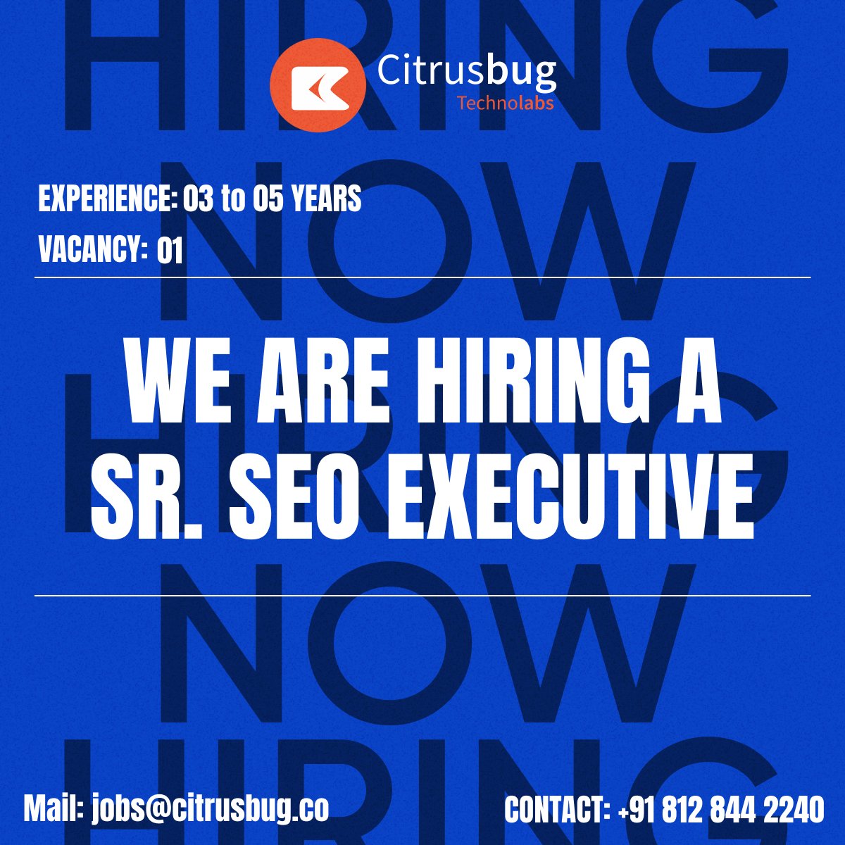 Can you help us get our voice to our clients? Yes! We are looking for an excellent duo of a Sr. content writer and Sr. SEO executive. 🖋️💡

#seniorcontentwriter #NowHiring #contentwriter #seo #searchengineoptimization #hiring #jobvacancy #jobs #newopening #newhiring #citrusbug