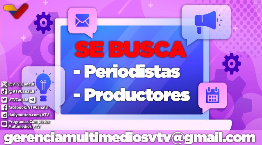 #EMPLEO💻| Estamos en la búsqueda de periodistas y productores para ser parte del equipo de Multimedios VTV.

¡Únete a nuestro equipo de profesionales! 🙌

#VenezuelaEsUniónYCooperación