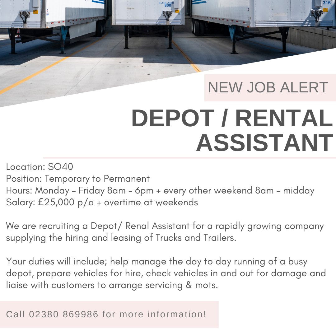 We are recruiting for a Depot/ Rental Assistant in Southampton! For more info, give Carmen a call on 02380869986 ☎️
#NewJob #Permanent #ApplyToday #CallMayday #CustomerService #Assistant #TruckandTrailer #Marchwood #Southampton #MaydayPersonnel #MaydayJobs  #MaydayRecruitment