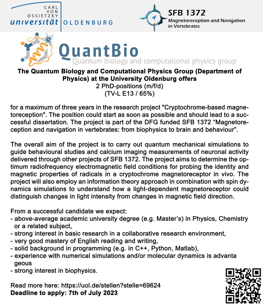 We are #hiring! At @UniOldenburg, 2 new #PhDposition are available for those interested in #biophyscis #magnetoreception #physics #phdchat Deadline to apply is the 7th of July.