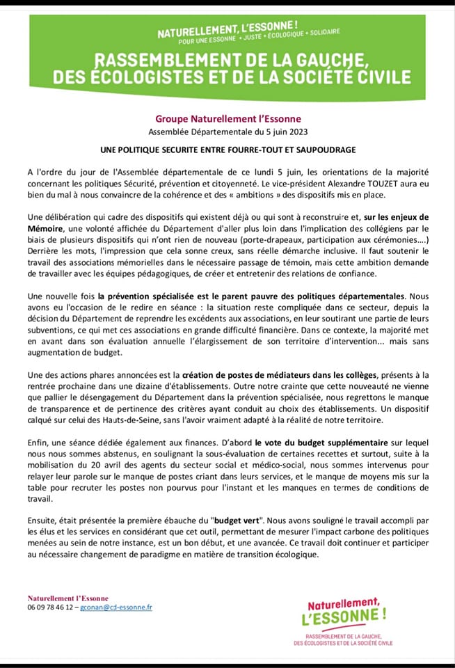 Sécurité, prévention et engagement mémoriel en Essonne : la majorité départementale sans ambition ! Une bonne nouvelle, la présentation du 'budget Vert', un 1er pas qu'il faudra continuer à affiner Retrouvez le communiqué de notre groupe @Naturellement91 au @CDEssonne #Essonne