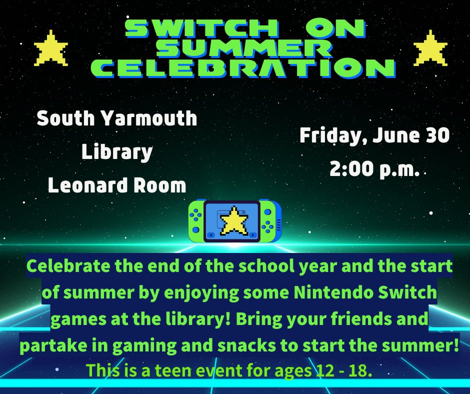 The end of the school year and the start of summer is coming! Celebrate with us at the library on Friday, June 30, at 2 P.M. with an afternoon of gaming on the library's Nintendo Switch!