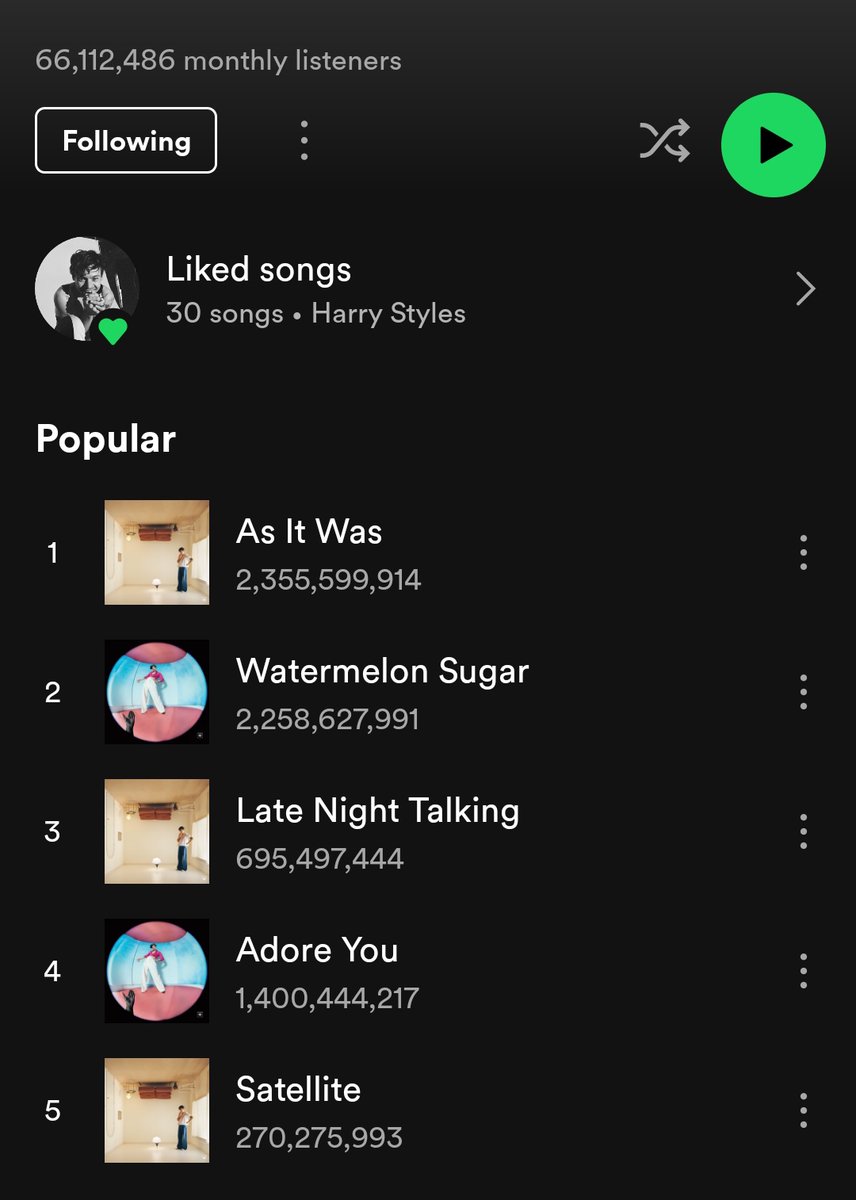 HarryPromote's tweet photo. ppl who talk about his catalog forget he has one of the most consumed discographies on Spotify,he literally sang an unreleased song at Coachella and people knew it. if he wants, he can give a performance. and he can do it with his own songs only or mix it with the band. its his. https://t.co/WYMVEONJn4