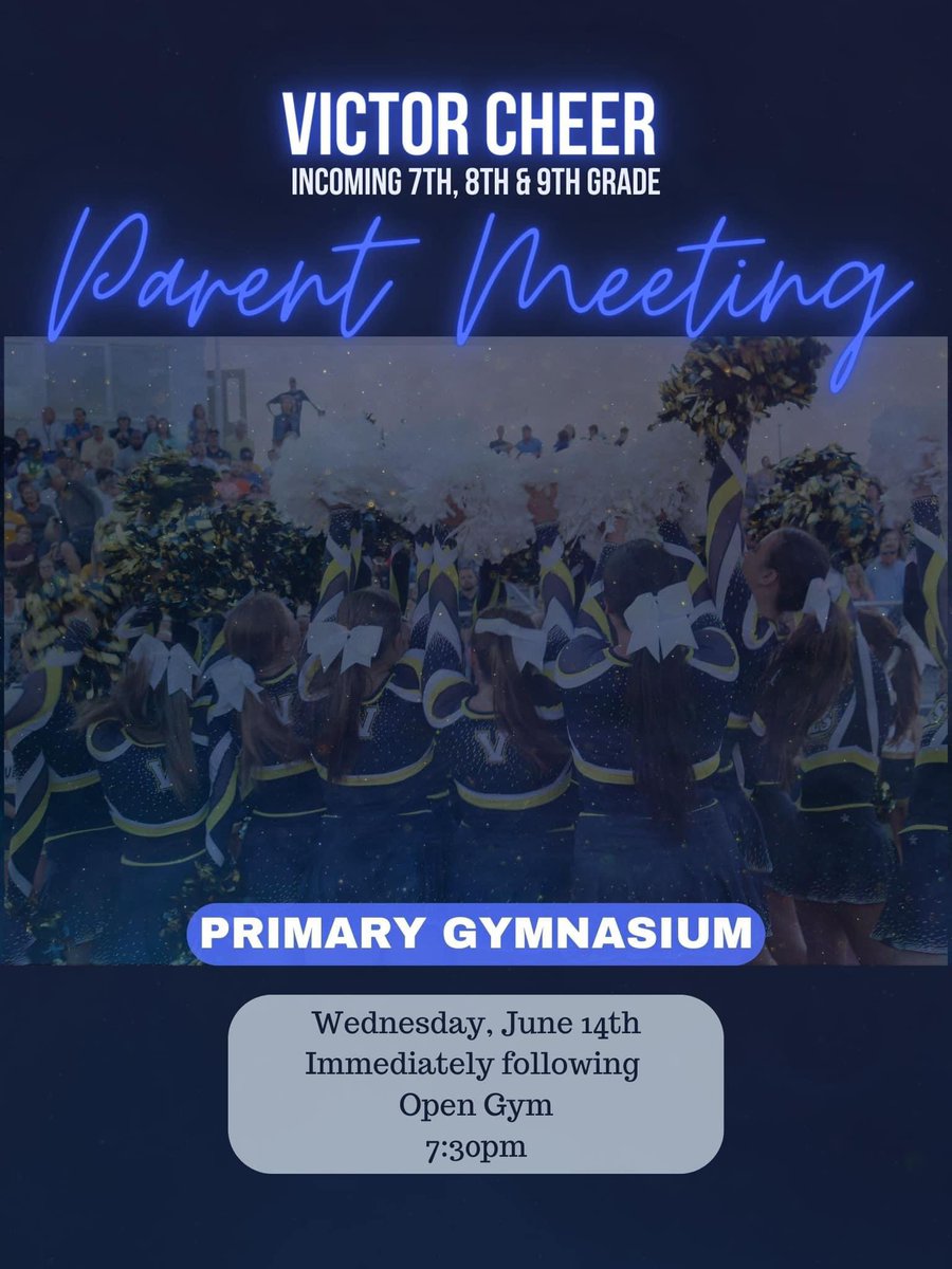 🚨 Attention all incoming 7th, 8th &amp; 9th grade cheer families! NEW &amp; RETURNING!

💛 Please join us for a parent meeting on Wednesday, June 14th at 7:30pm!