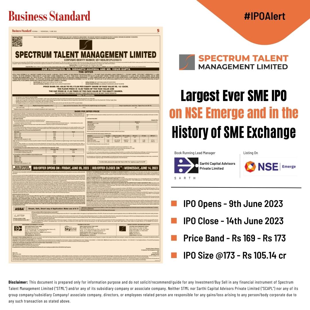 spectrumtmltd's tweet image. Spectrum Talent Management Limited is all set to launch the largest-ever SME IPO on NSE Emerge. Don't miss out on this incredible investment opportunity. Stay tuned for more updates!
bit.ly/3P2gnMD

#SpectrumIPO #NSEEmerge #IPOlaunch #IPOSME  #ShareMarketNews  #IPOAlert