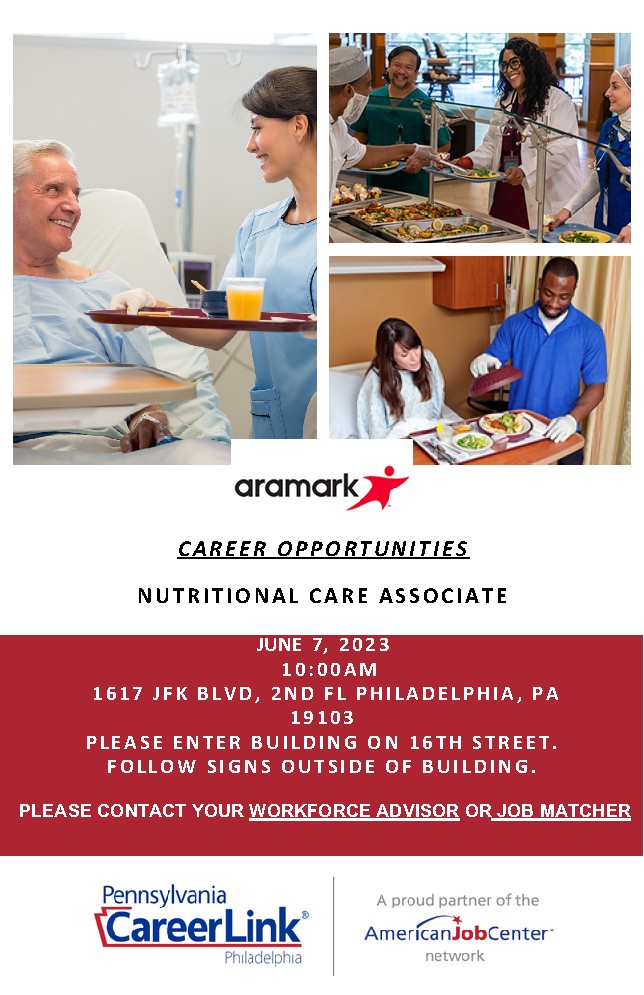 Join @AramarkCareers as a Nutritional Care Associate! Our hiring event is on June 7 at 10 am, hosted by @PACareerLinkPHL. Don't miss out on this opportunity! #PAcareerlink #hiringevent #Aramark #nutritionjobs #workforcephl
#phillyjobs
#phillycareer
#phillycareerfair