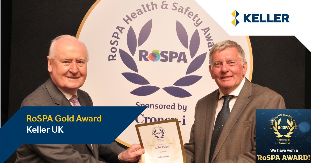 KellerUK's tweet image. Keller has received the RoSPA Gold Award for the third year running, recognising our commitment to health &amp;amp; safety excellence. HSEQ Advisor Andy Griffiths (right) receives the award from Mike Parker, RoSPA Chairman. ow.ly/7Hog50OGKmg #kellerexcellence #rospawinner2023 #hseq