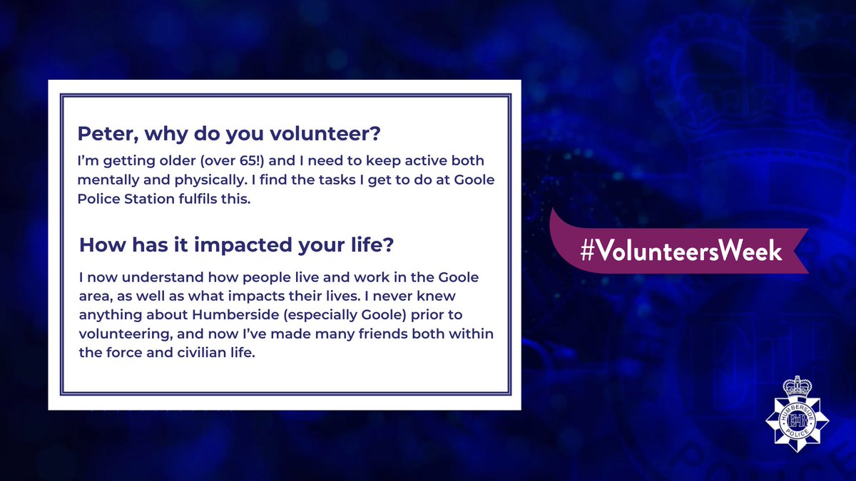 Humberbeat's tweet photo. Peter says “Just do it. Volunteer, and give something back to Humberside.”

#VolunteersWeek #Volunteers #Cadets #PoliceCadets #Leaders #SpecialConstabulary #CommunitySafety #Partnerships #Communities #Recruitment #TeamHumberside #GivingBack #InYourCommunity https://t.co/qlnsLl0hO9