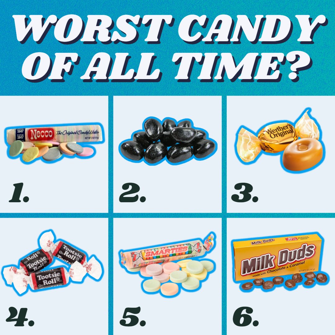 JonnieWComedy's tweet photo. I know which one I hate the most, but what do YOU think is the absolute worst candy of all time? Hold nothing back!
#jonniew #jonniewcomedy #standupcomedy #poll #candy #worstcandy https://t.co/H8s5wmGA6P