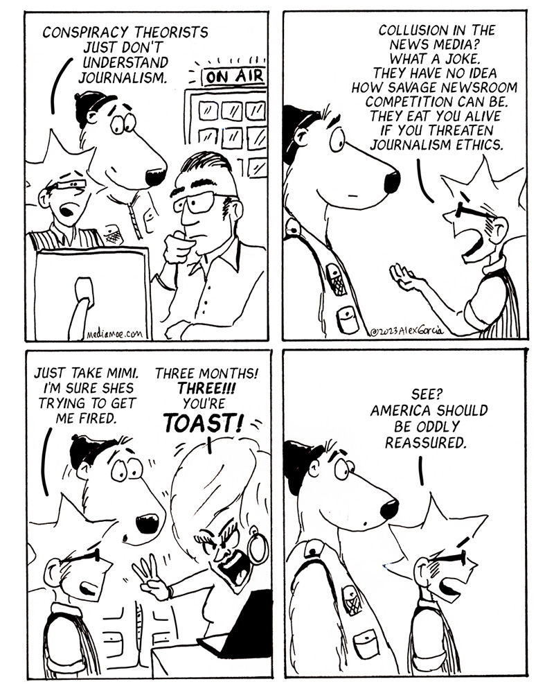 Newsroom conspiracies..
#webcomic #comicstrip #tvnews #newsmedia #broadcastnews #broadcastjournalism #journalism #tvstation #newsmediahumor #tvcameraman #tvreporter #conspiracytheorists